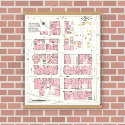 Old map wall art mockup — magnetic wood frame on brick wall — Sanborn Fire Insurance Map from Ottumwa, Wapello County, Iowa (1909), Sheet #0013