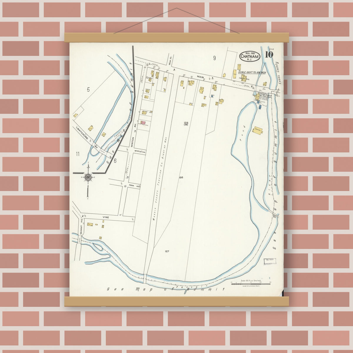 Old map wall art mockup — magnetic wood frame on brick wall — Sanborn Fire Insurance Map from Chatham, Morris County, New Jersey (1921), Sheet #0010