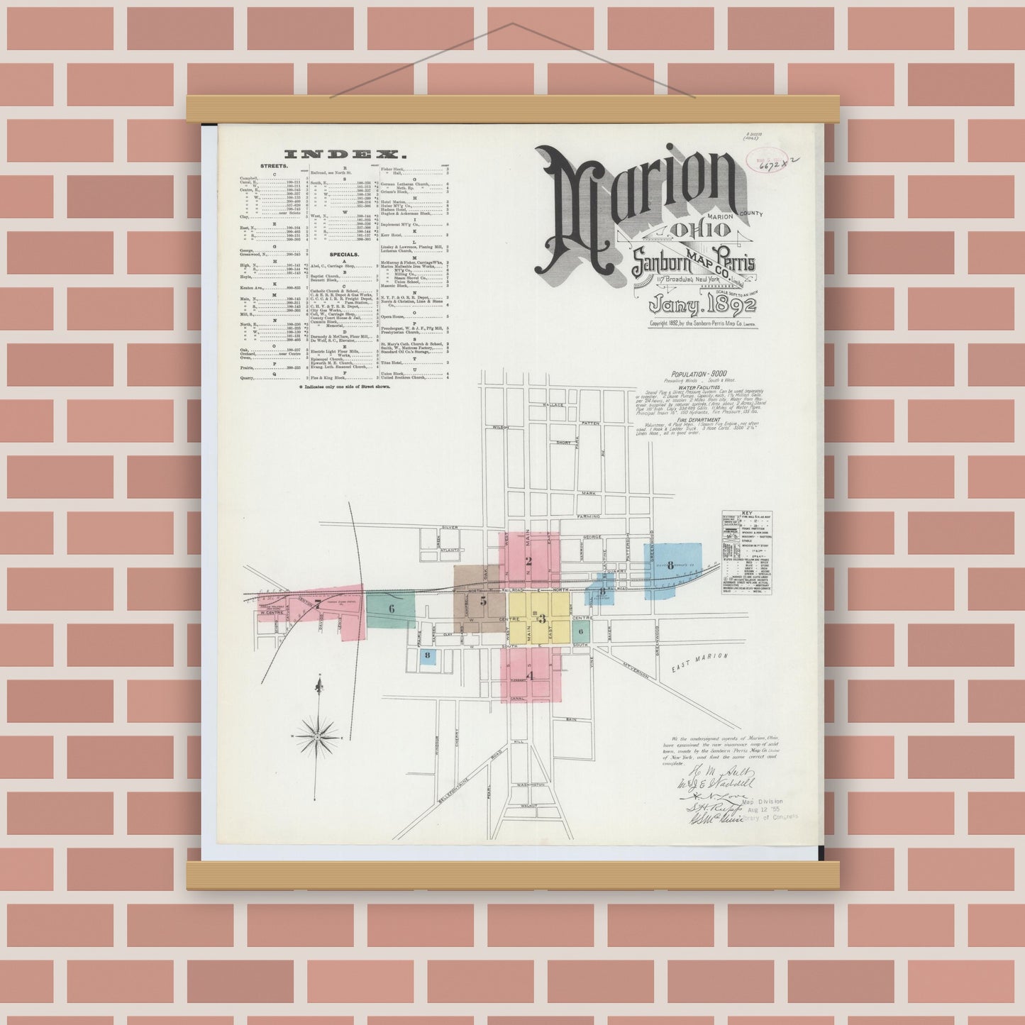 Old map wall art mockup — magnetic wood frame on brick wall — Sanborn Fire Insurance Map from Marion, Marion County, Ohio (1892) - Complete Map Set