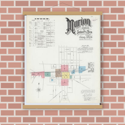 Old map wall art mockup — magnetic wood frame on brick wall — Sanborn Fire Insurance Map from Marion, Marion County, Ohio (1892) - Complete Map Set