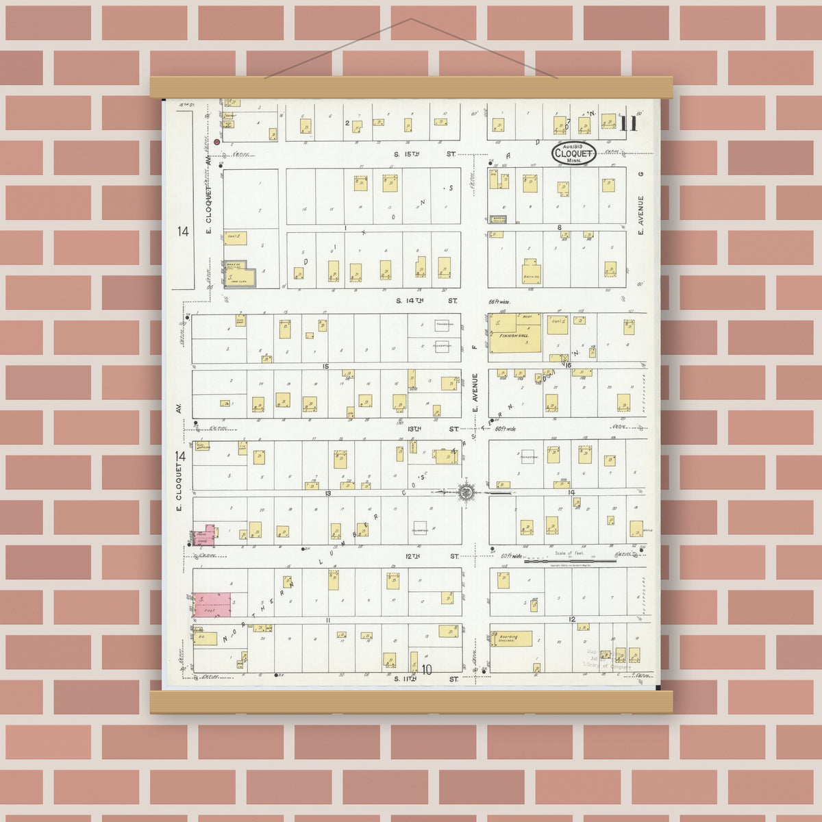 Old map wall art mockup — magnetic wood frame on brick wall — Sanborn Fire Insurance Map from Cloquet, Carlton County, Minnesota (1919), Sheet #0011