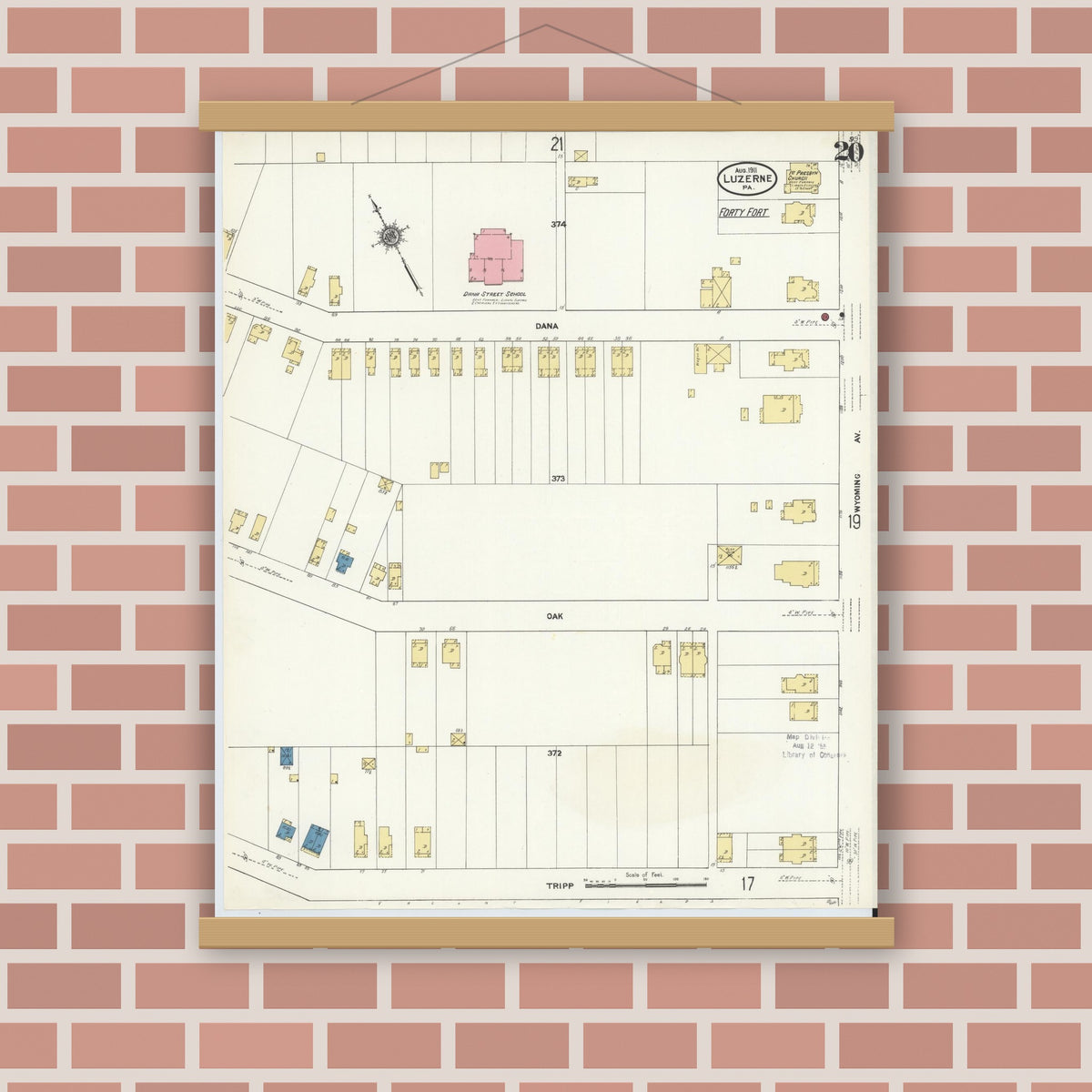 Old map wall art mockup — magnetic wood frame on brick wall — Sanborn Fire Insurance Map from Luzerne, Luzerne County, Pennsylvania (1911), Sheet #0020