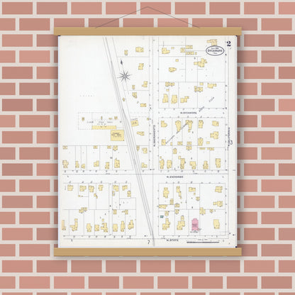Old map wall art mockup — magnetic wood frame on brick wall — Sanborn Fire Insurance Map from Sycamore, De Kalb County, Illinois (1905), Sheet #0002