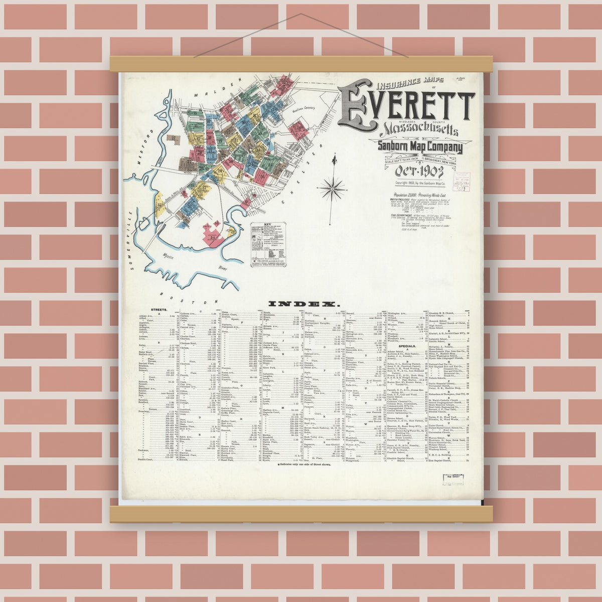 Old map wall art mockup — magnetic wood frame on brick wall — Sanborn Fire Insurance Map from Everett, Middlesex County, Massachusetts (1903), Sheet #0001