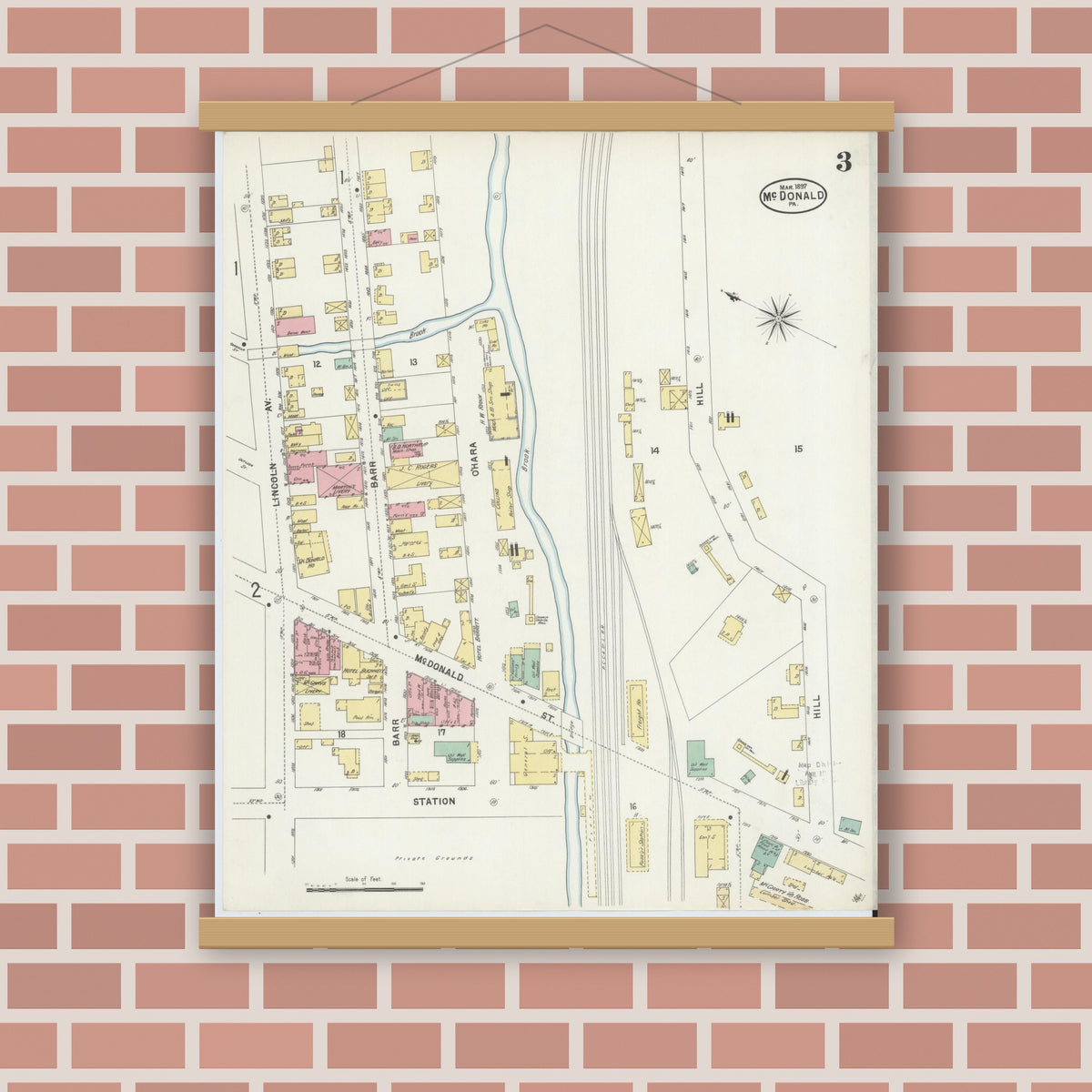 Old map wall art mockup — magnetic wood frame on brick wall — Sanborn Fire Insurance Map from McDonald, Washington County, Pennsylvania (1897), Sheet #0003