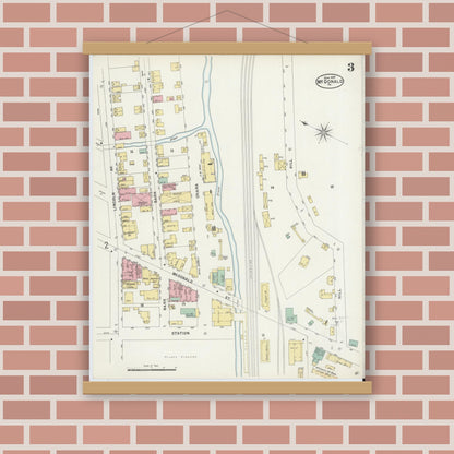 Old map wall art mockup — magnetic wood frame on brick wall — Sanborn Fire Insurance Map from McDonald, Washington County, Pennsylvania (1897), Sheet #0003
