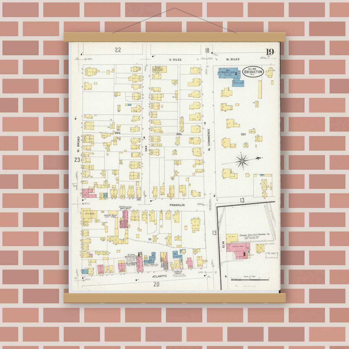 Old map wall art mockup — magnetic wood frame on brick wall — Sanborn Fire Insurance Map from Bridgeton, Cumberland County, New Jersey (1908), Sheet #0019
