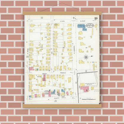 Old map wall art mockup — magnetic wood frame on brick wall — Sanborn Fire Insurance Map from Bridgeton, Cumberland County, New Jersey (1908), Sheet #0019