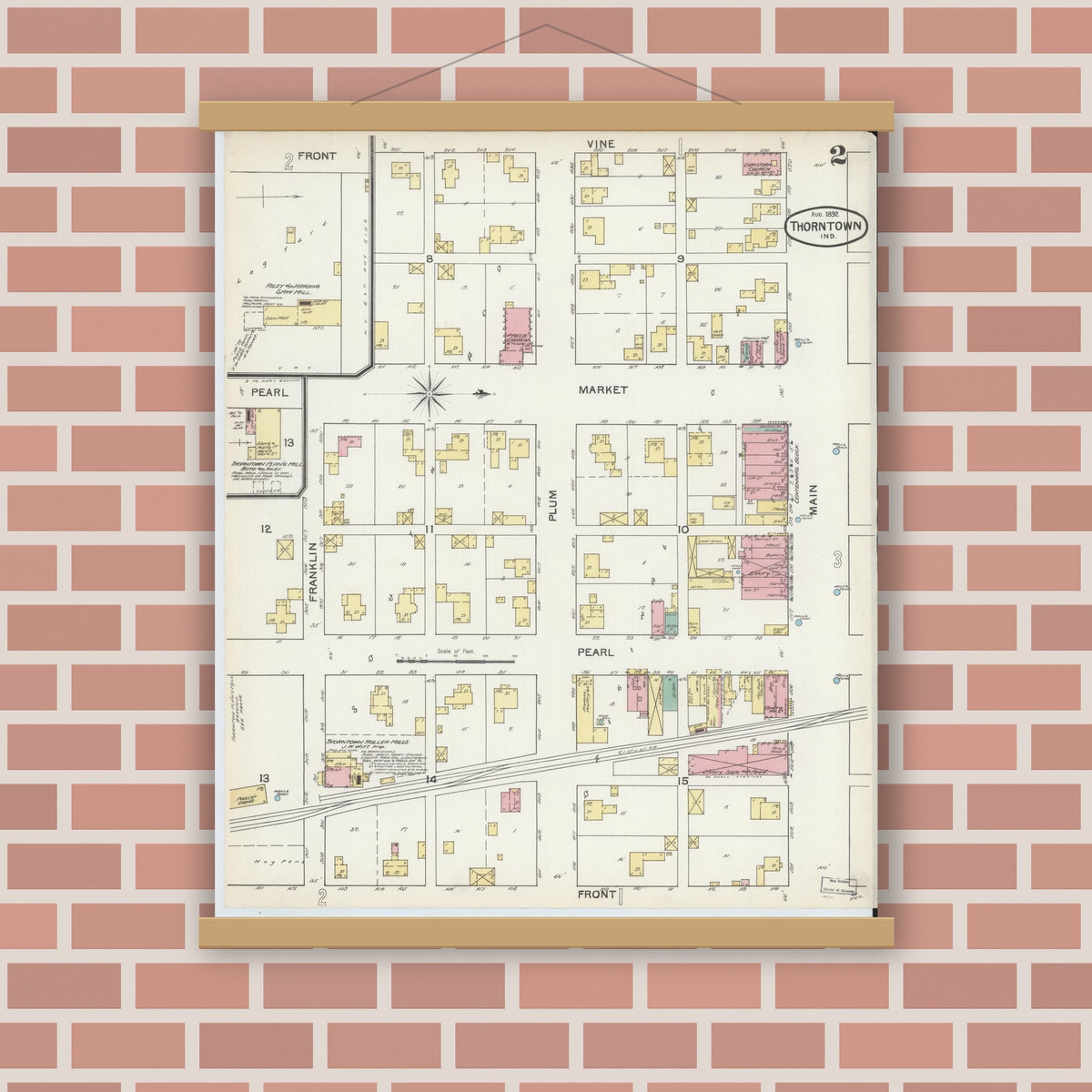 Old map wall art mockup — magnetic wood frame on brick wall — Sanborn Fire Insurance Map from Thorntown, Boone County, Indiana (1892), Sheet #0002