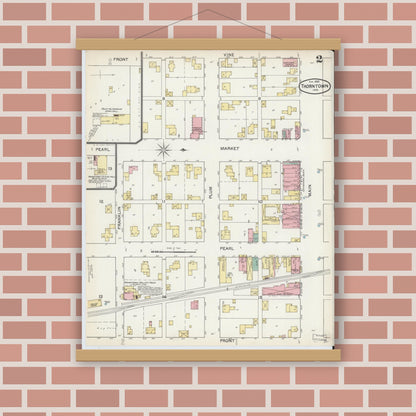 Old map wall art mockup — magnetic wood frame on brick wall — Sanborn Fire Insurance Map from Thorntown, Boone County, Indiana (1892), Sheet #0002