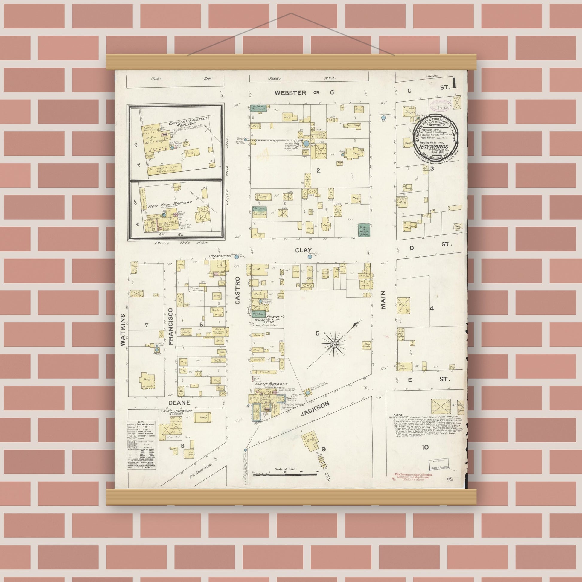 Old map wall art mockup — magnetic wood frame on brick wall — Sanborn Fire Insurance Map from Hayward, Alameda County, California (1888) - Complete Map Set