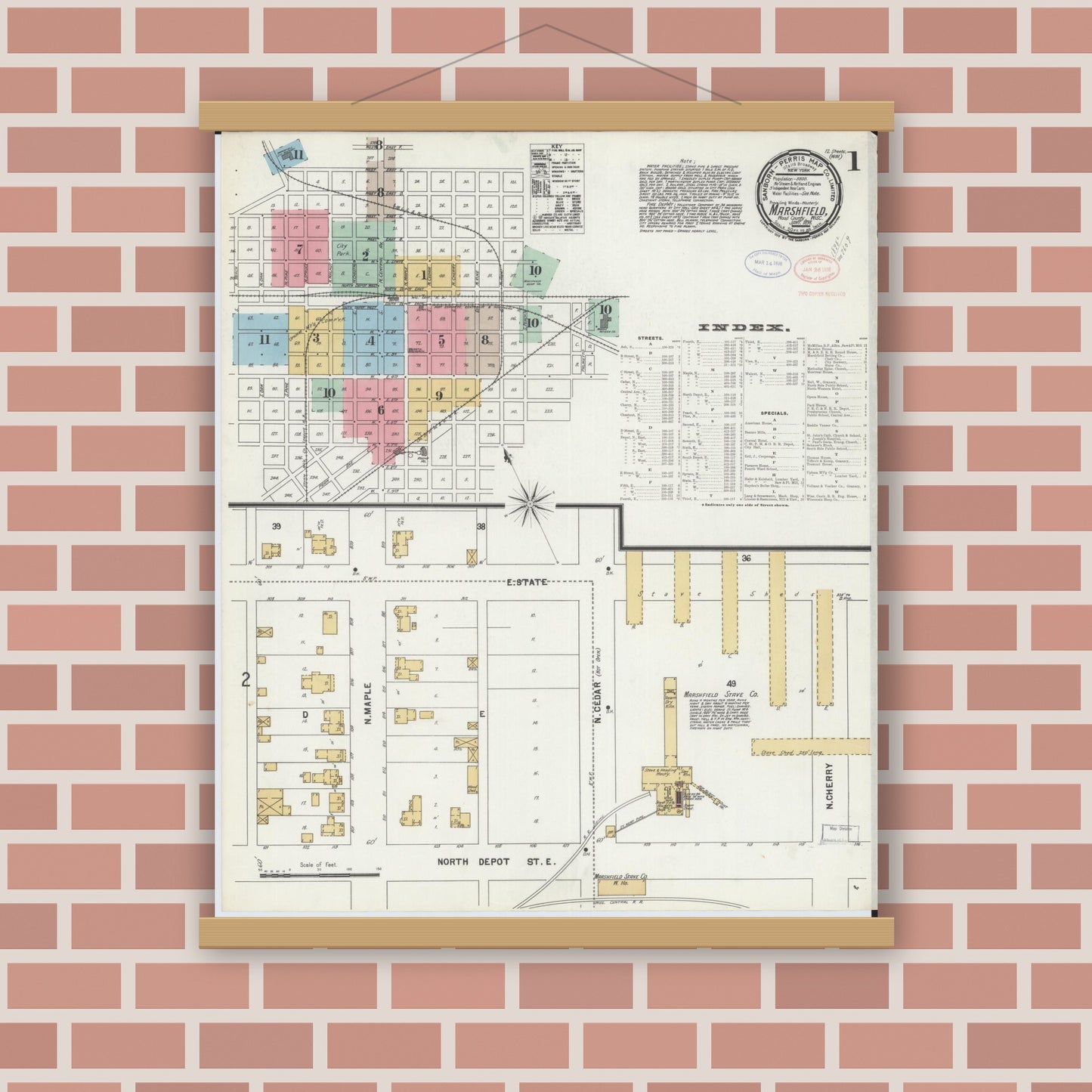 Old map wall art mockup — magnetic wood frame on brick wall — Sanborn Fire Insurance Map from Marshfield, Wood County, Wisconsin (1898) - Complete Map Set