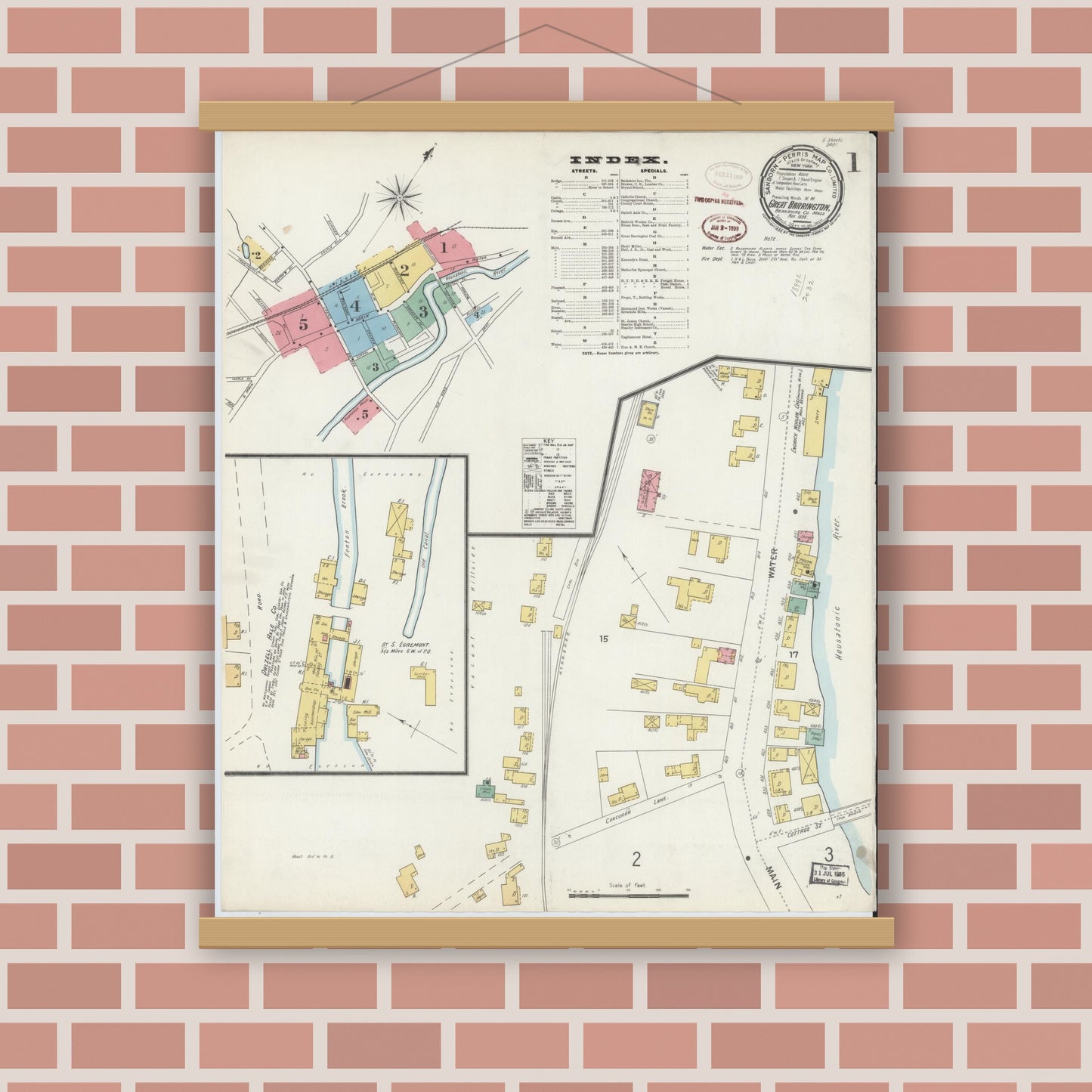Old map wall art mockup — magnetic wood frame on brick wall — Sanborn Fire Insurance Map from Great Barrington, Berkshire County, Massachusetts (1898), Sheet #0001