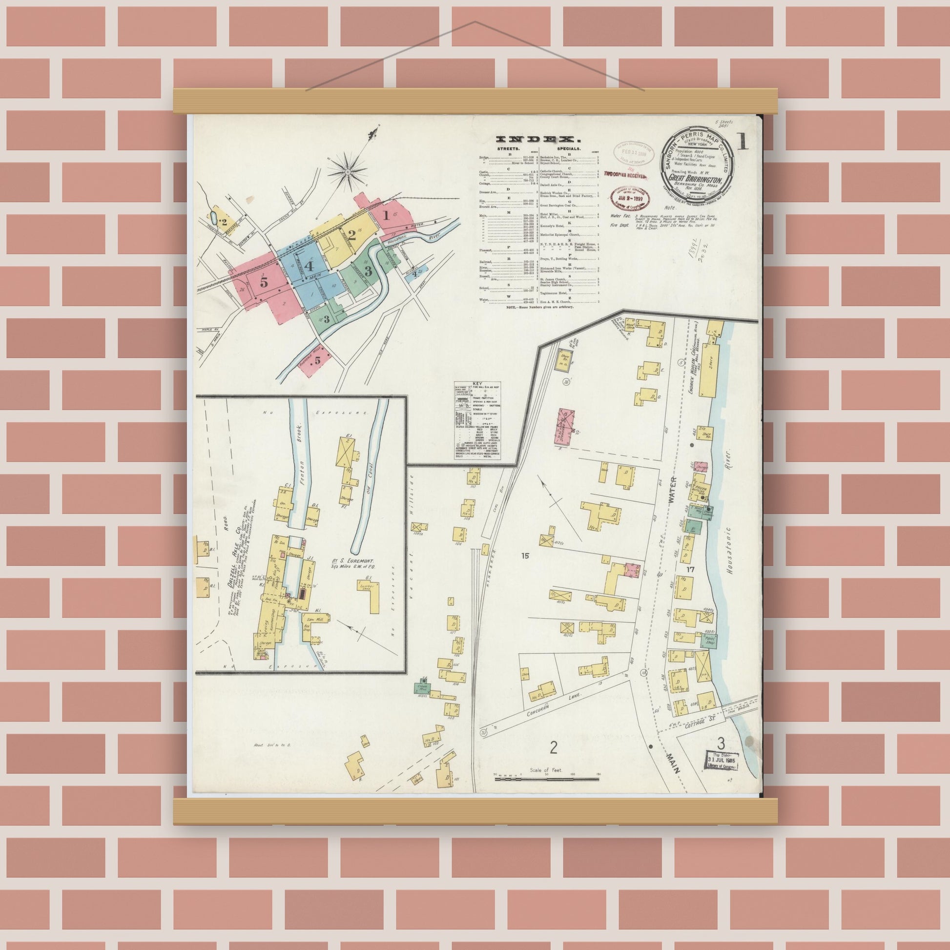 Old map wall art mockup — magnetic wood frame on brick wall — Sanborn Fire Insurance Map from Great Barrington, Berkshire County, Massachusetts (1898), Sheet #0001