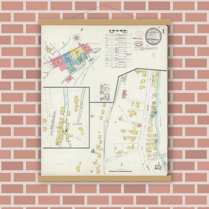 Old map wall art mockup — magnetic wood frame on brick wall — Sanborn Fire Insurance Map from Great Barrington, Berkshire County, Massachusetts (1898), Sheet #0001