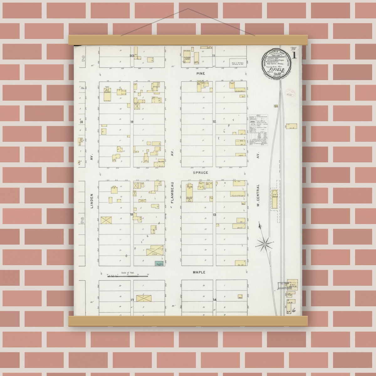 Old map wall art mockup — magnetic wood frame on brick wall — Sanborn Fire Insurance Map from Fifield, Price County, Wisconsin (1894), Sheet #0001