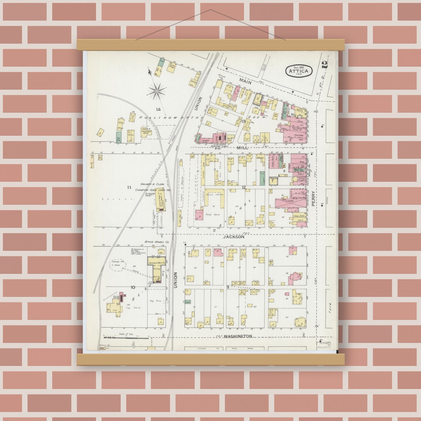 Old map wall art mockup — magnetic wood frame on brick wall — Sanborn Fire Insurance Map from Attica, Fountain County, Indiana (1892), Sheet #0002