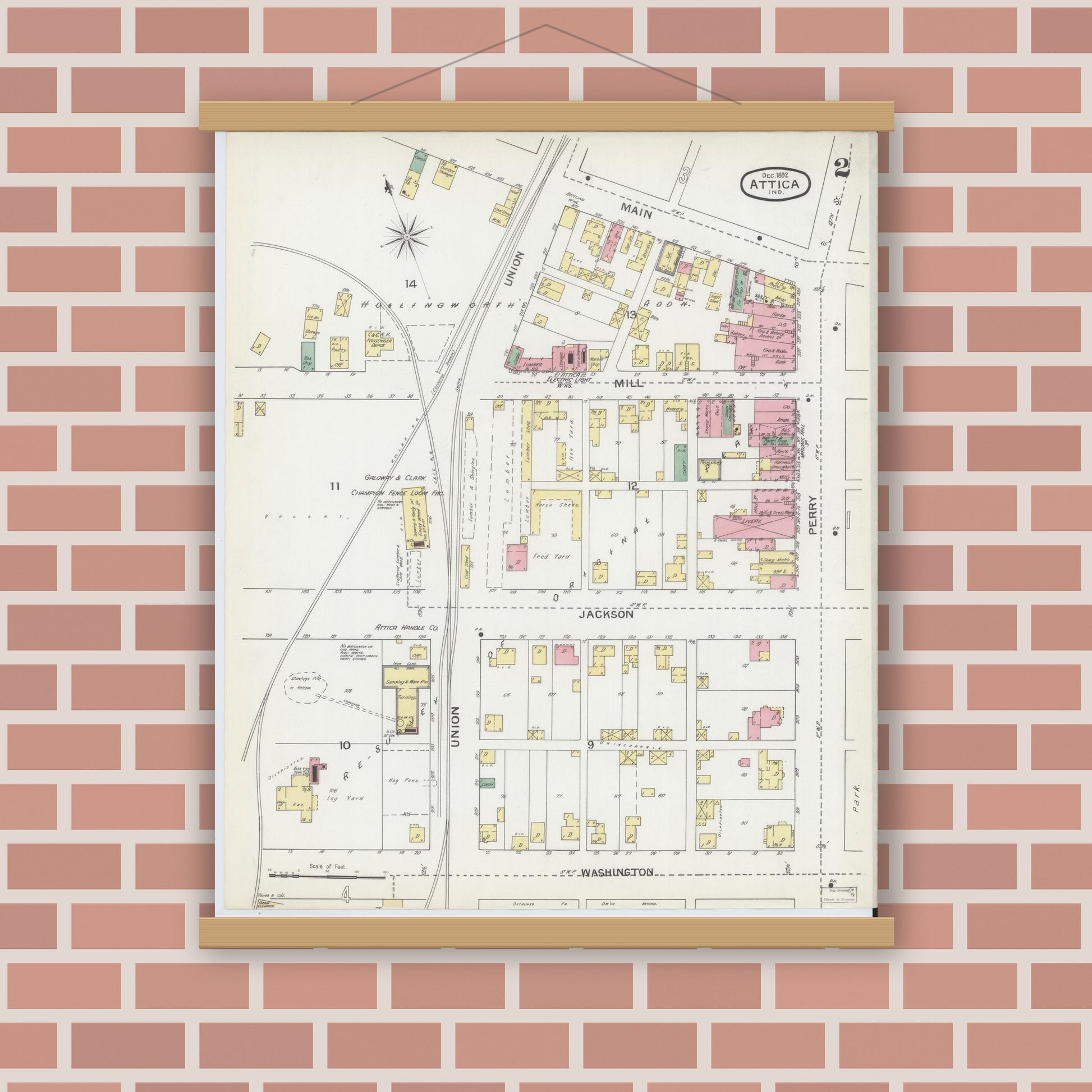 Old map wall art mockup — magnetic wood frame on brick wall — Sanborn Fire Insurance Map from Attica, Fountain County, Indiana (1892), Sheet #0002