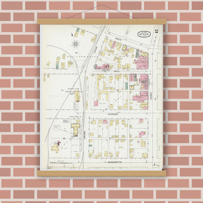 Old map wall art mockup — magnetic wood frame on brick wall — Sanborn Fire Insurance Map from Attica, Fountain County, Indiana (1892), Sheet #0002