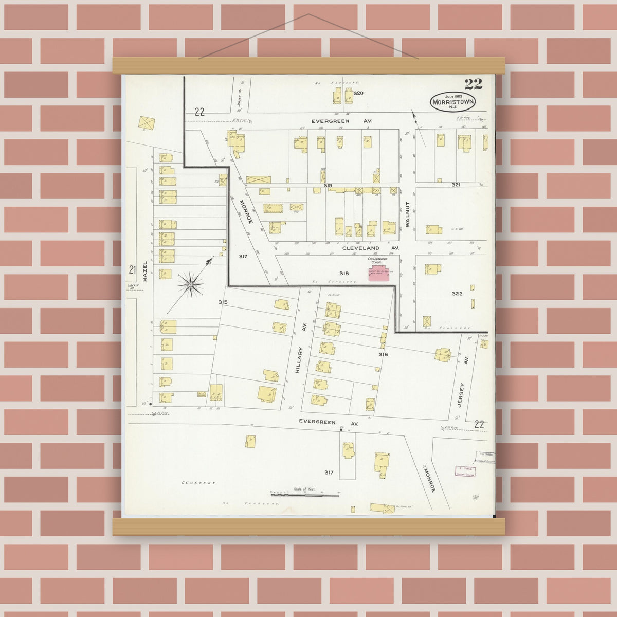 Old map wall art mockup — magnetic wood frame on brick wall — Sanborn Fire Insurance Map from Morristown, Morris County, New Jersey (1909), Sheet #0022