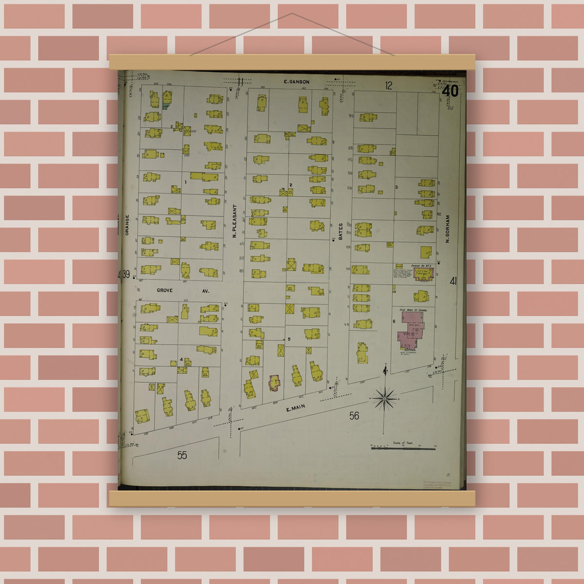 Old map wall art mockup — magnetic wood frame on brick wall — Sanborn Fire Insurance Map from Jackson, Jackson County, Michigan (1907), Sheet #0040