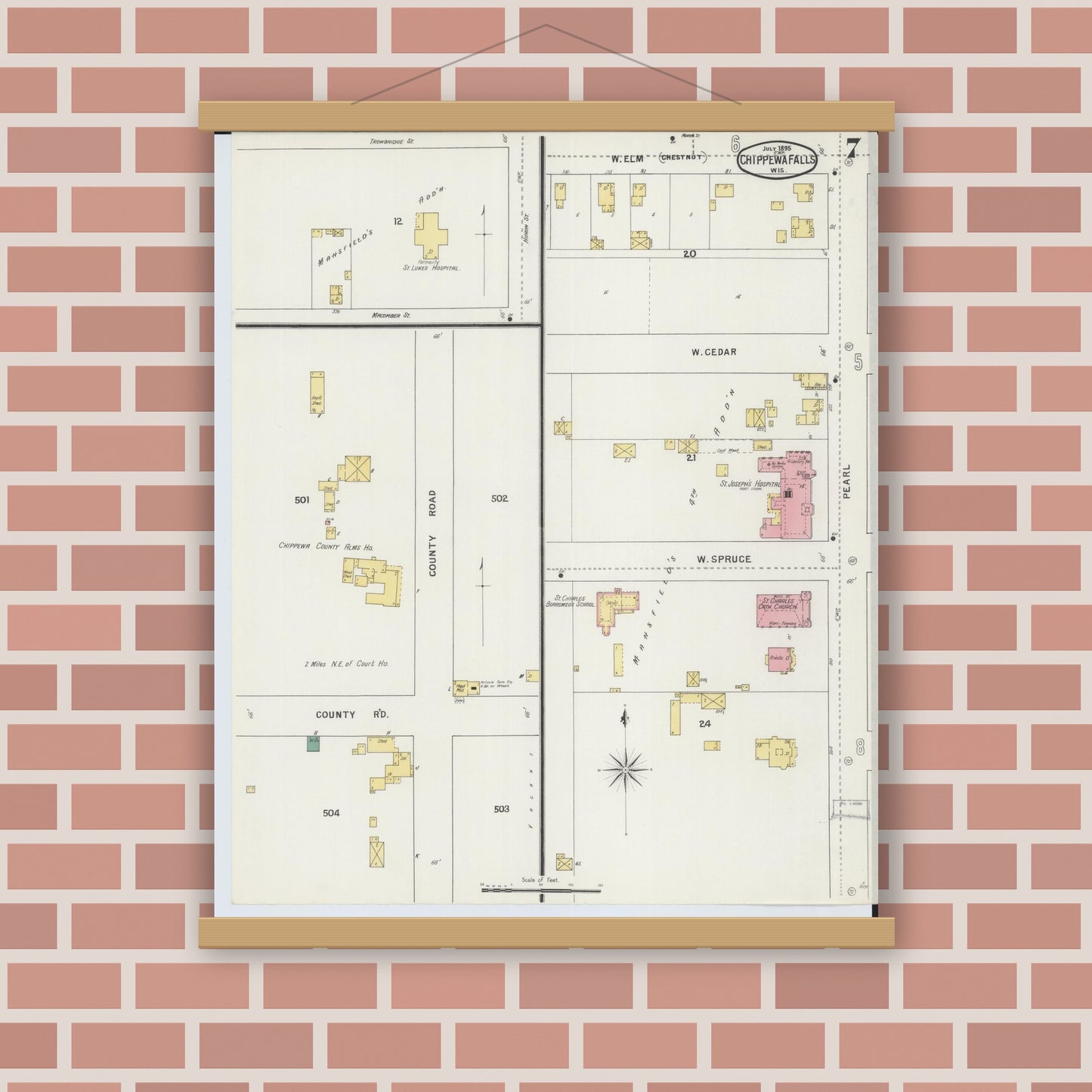 Old map wall art mockup — magnetic wood frame on brick wall — Sanborn Fire Insurance Map from Chippewa Falls, Chippewa County, Wisconsin (1895), Sheet #0007
