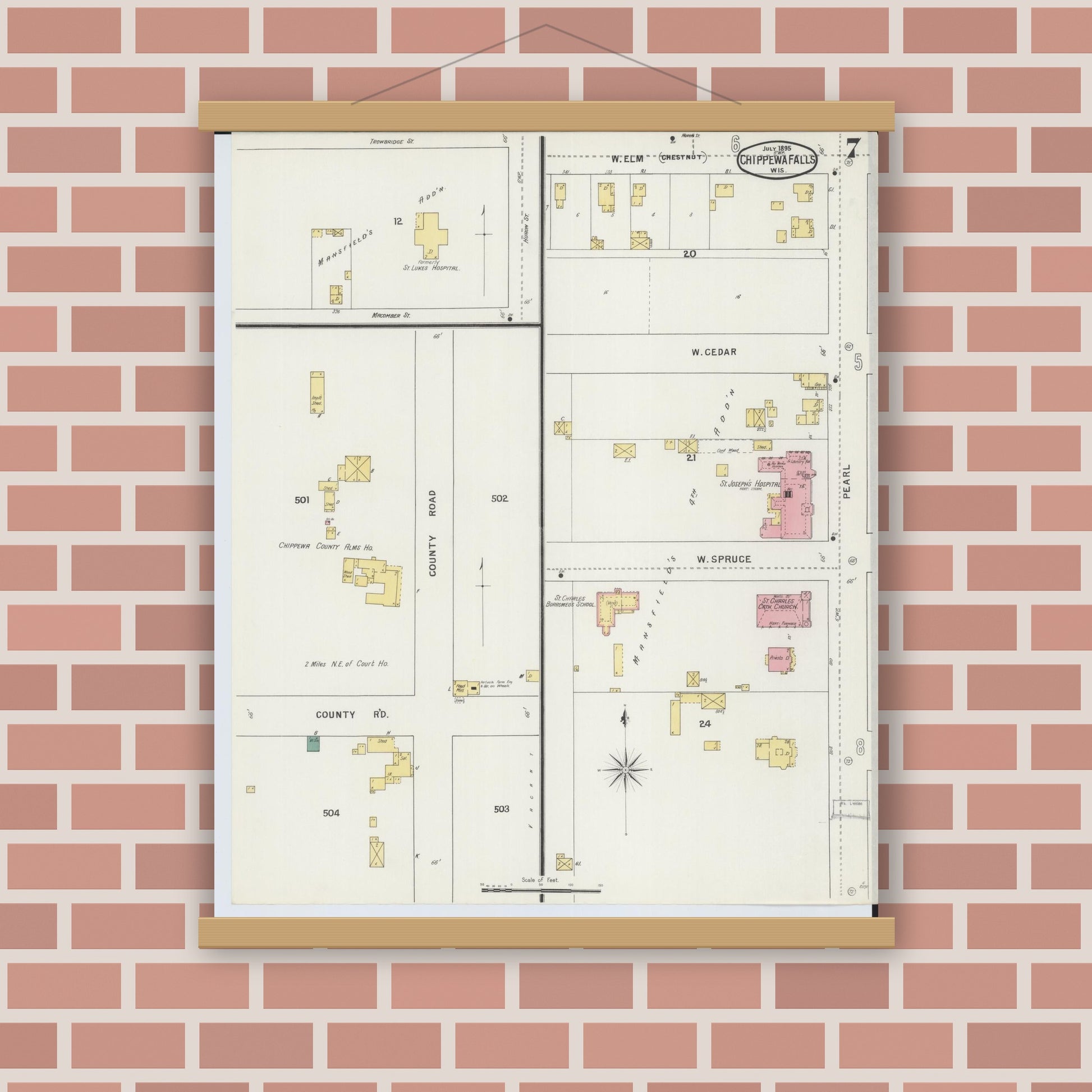 Old map wall art mockup — magnetic wood frame on brick wall — Sanborn Fire Insurance Map from Chippewa Falls, Chippewa County, Wisconsin (1895), Sheet #0007