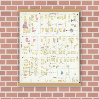 Old map wall art mockup — magnetic wood frame on brick wall — Sanborn Fire Insurance Map from New Castle, Henry County, Indiana (1908), Sheet #0011