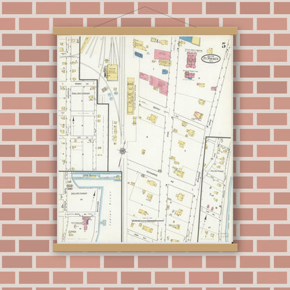 Old map wall art mockup — magnetic wood frame on brick wall — Sanborn Fire Insurance Map from Fort Pierce, St Lucie County, Florida (1918), Sheet #0005
