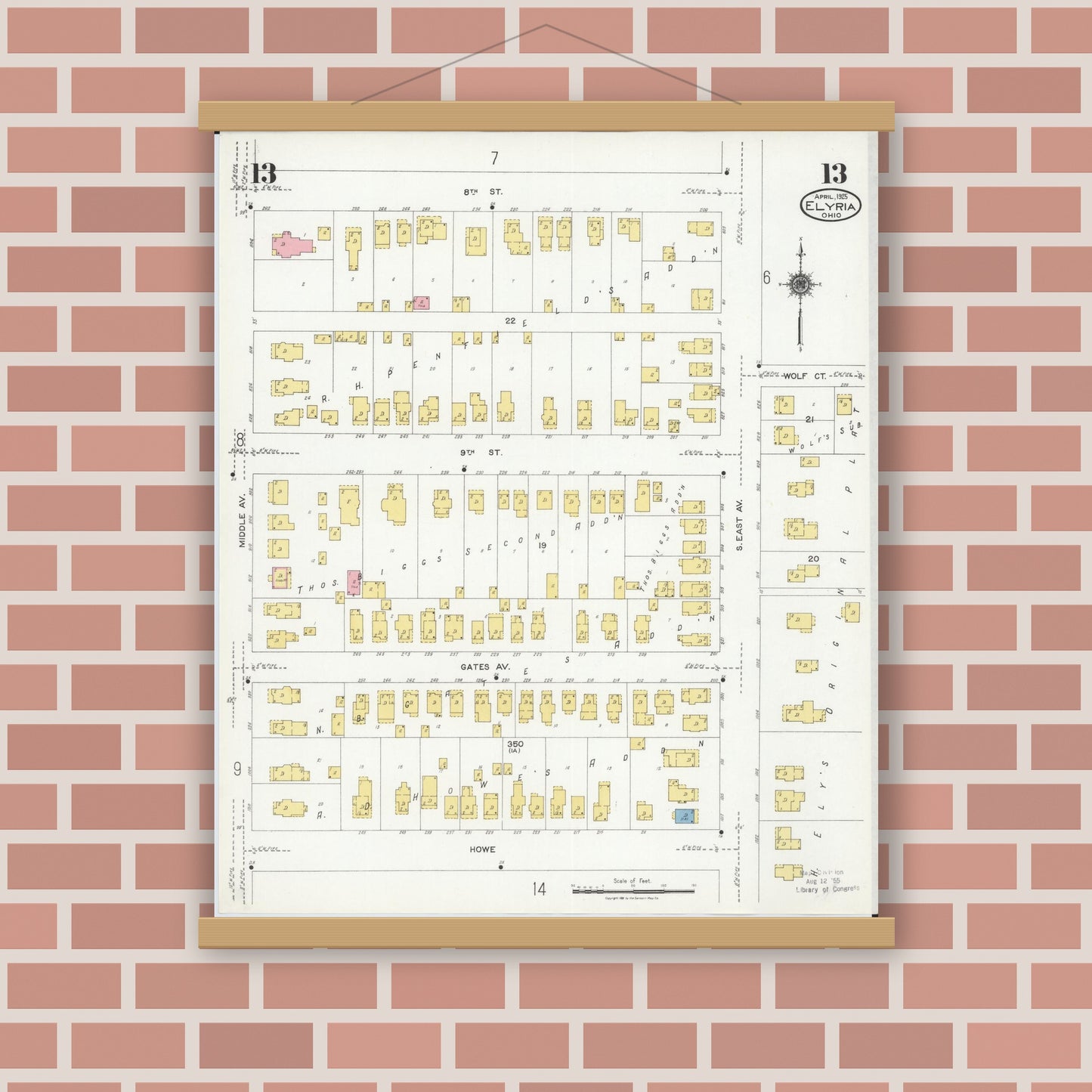Old map wall art mockup — magnetic wood frame on brick wall — Sanborn Fire Insurance Map from Elyria, Lorain County, Ohio (1925), Sheet #0013