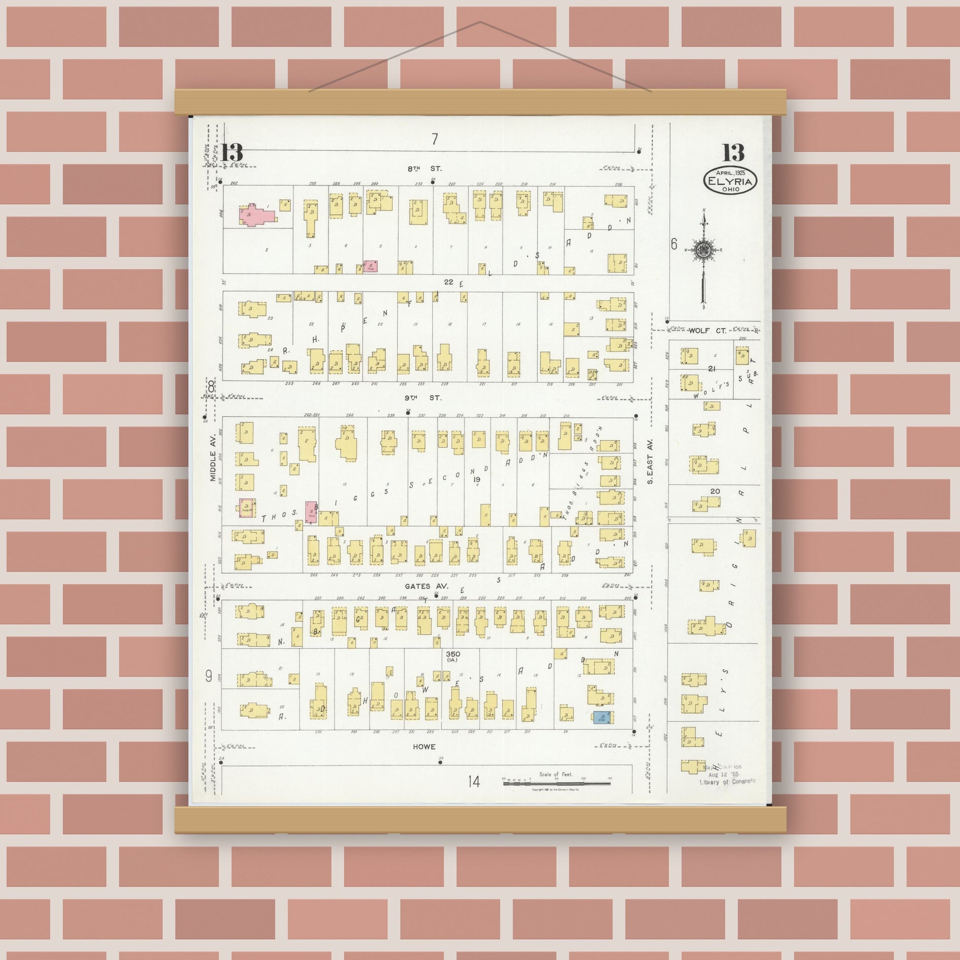 Old map wall art mockup — magnetic wood frame on brick wall — Sanborn Fire Insurance Map from Elyria, Lorain County, Ohio (1925), Sheet #0013