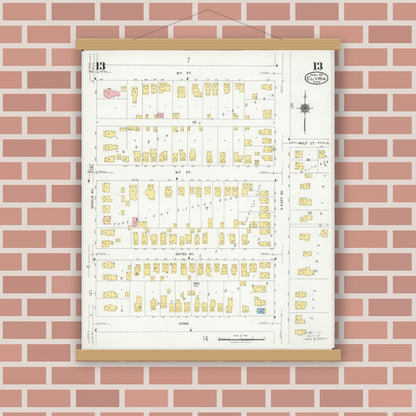 Old map wall art mockup — magnetic wood frame on brick wall — Sanborn Fire Insurance Map from Elyria, Lorain County, Ohio (1925), Sheet #0013