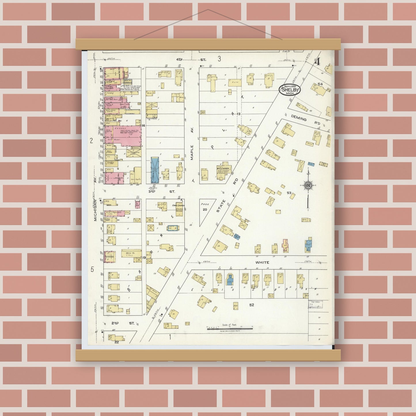 Old map wall art mockup — magnetic wood frame on brick wall — Sanborn Fire Insurance Map from Shelby, Oceana County, Michigan (1920), Sheet #0004