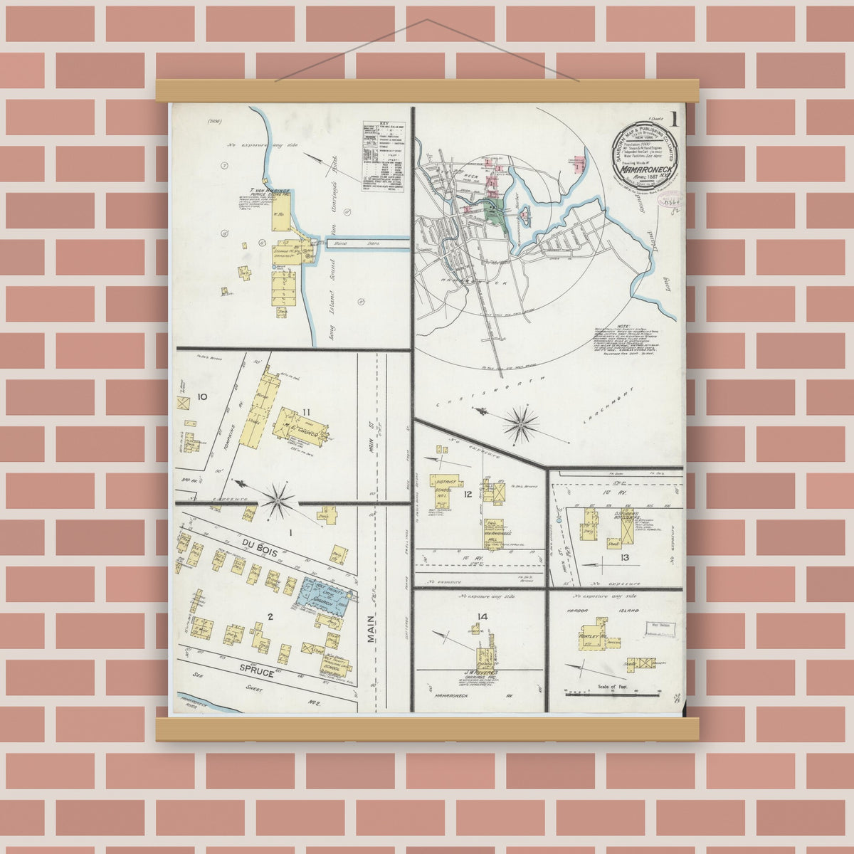 Old map wall art mockup — magnetic wood frame on brick wall — Sanborn Fire Insurance Map from Mamaroneck, Westchester County, New York (1887) - Complete Map Set