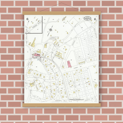 Old map wall art mockup — magnetic wood frame on brick wall — Sanborn Fire Insurance Map from Pinehurst, Moore County, North Carolina (1927), Sheet #0006