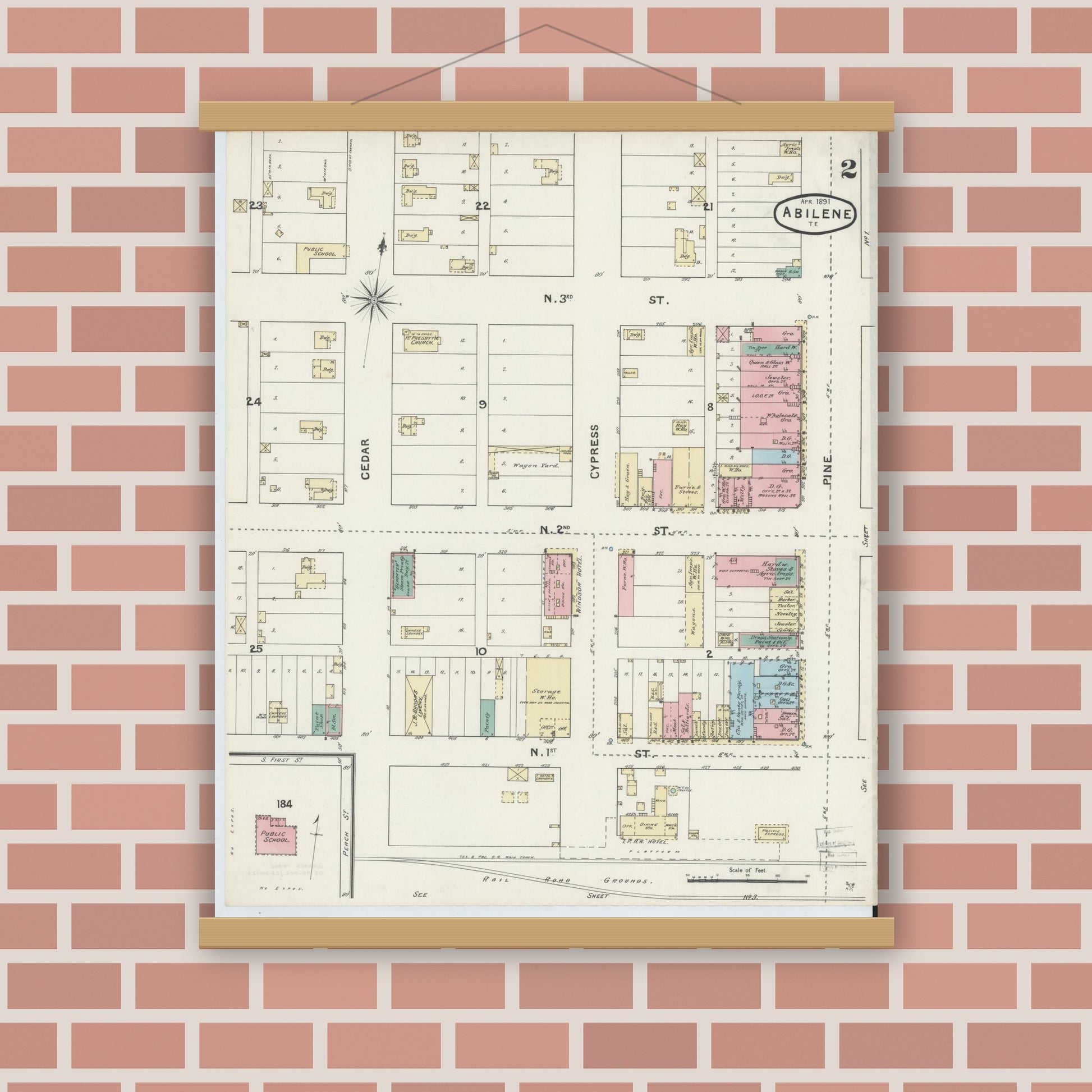 Old map wall art mockup — magnetic wood frame on brick wall — Sanborn Fire Insurance Map from Abilene, Taylor County, Texas (1891), Sheet #0002