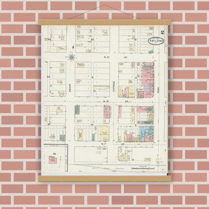 Old map wall art mockup — magnetic wood frame on brick wall — Sanborn Fire Insurance Map from Abilene, Taylor County, Texas (1891), Sheet #0002