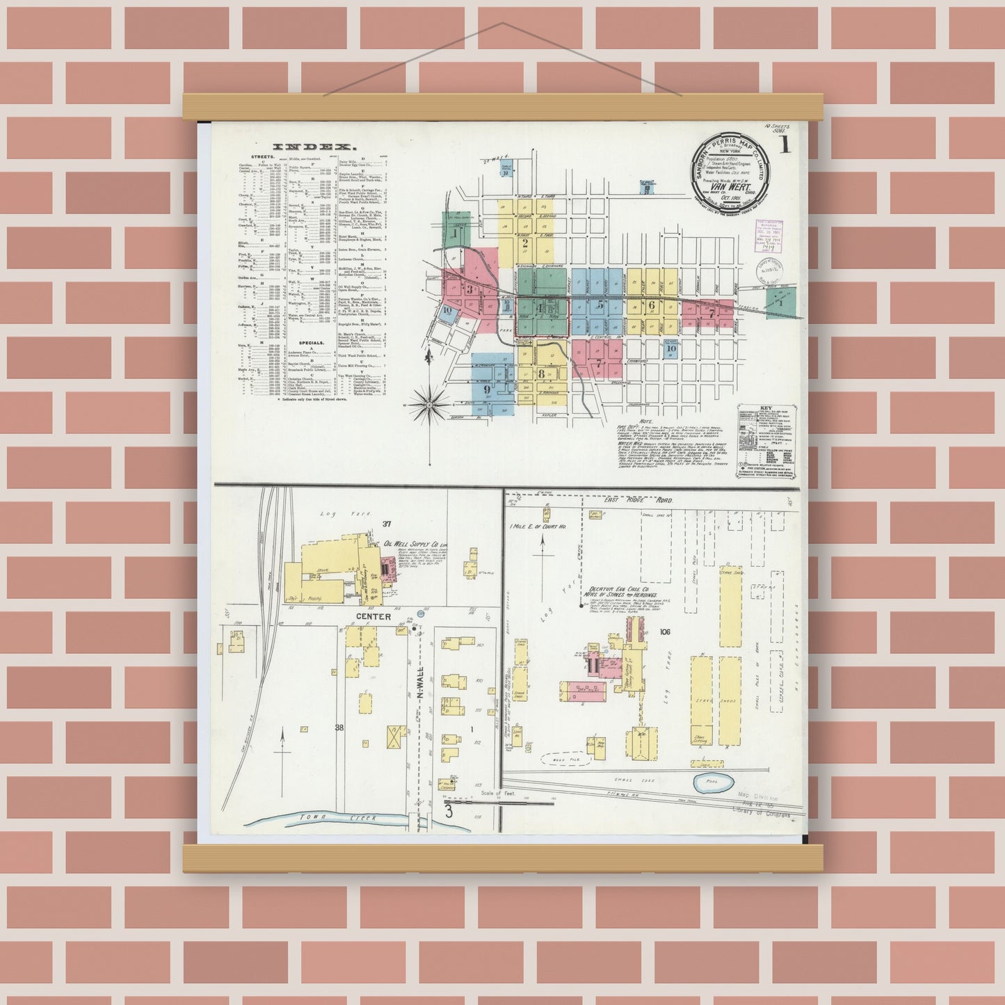 Old map wall art mockup — magnetic wood frame on brick wall — Sanborn Fire Insurance Map from Van Wert, Van Wert County, Ohio (1901) - Complete Map Set