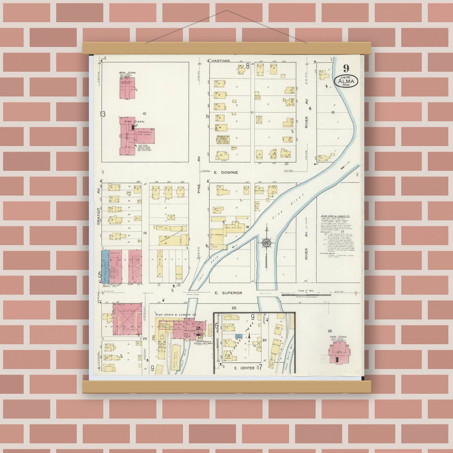 Old map wall art mockup — magnetic wood frame on brick wall — Sanborn Fire Insurance Map from Alma, Gratiot County, Michigan (1917), Sheet #0009