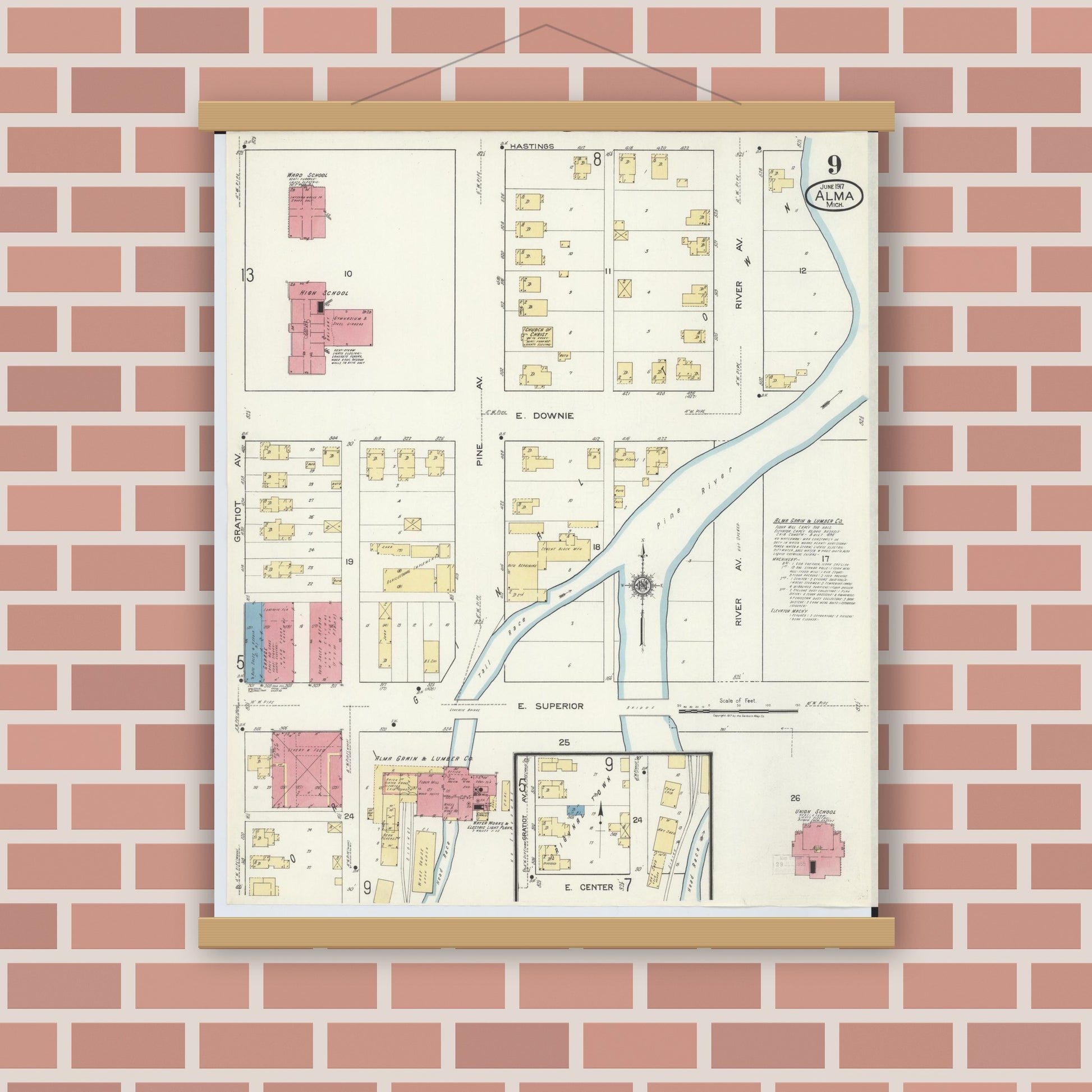 Old map wall art mockup — magnetic wood frame on brick wall — Sanborn Fire Insurance Map from Alma, Gratiot County, Michigan (1917), Sheet #0009