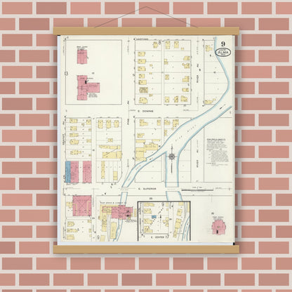 Old map wall art mockup — magnetic wood frame on brick wall — Sanborn Fire Insurance Map from Alma, Gratiot County, Michigan (1917), Sheet #0009