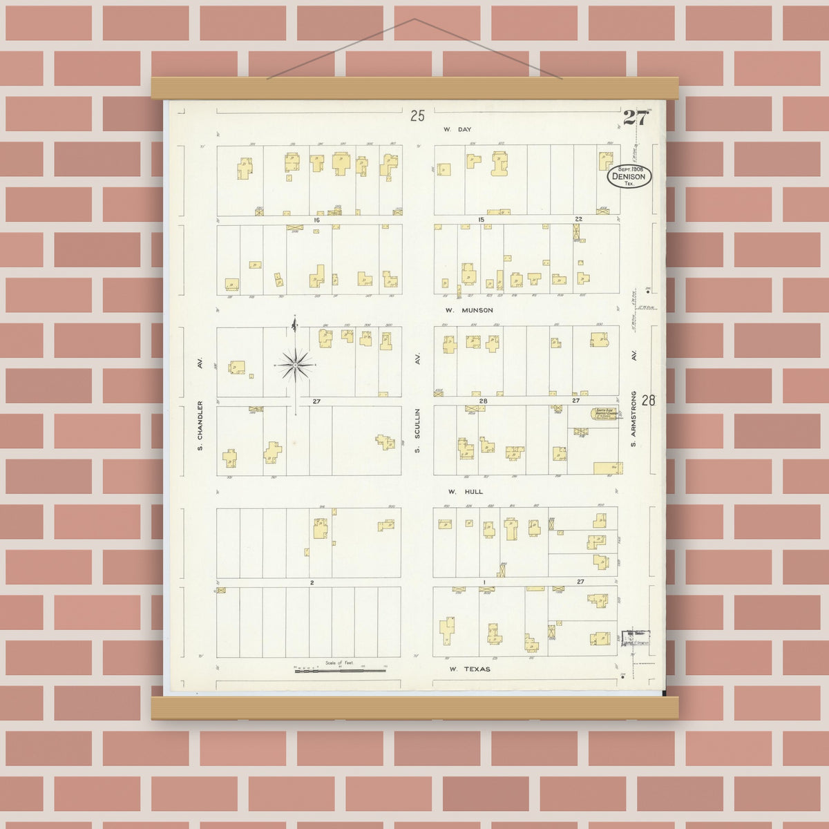 Old map wall art mockup — magnetic wood frame on brick wall — Sanborn Fire Insurance Map from Denison, Grayson County, Texas (1908), Sheet #0027