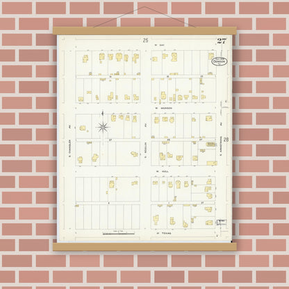 Old map wall art mockup — magnetic wood frame on brick wall — Sanborn Fire Insurance Map from Denison, Grayson County, Texas (1908), Sheet #0027