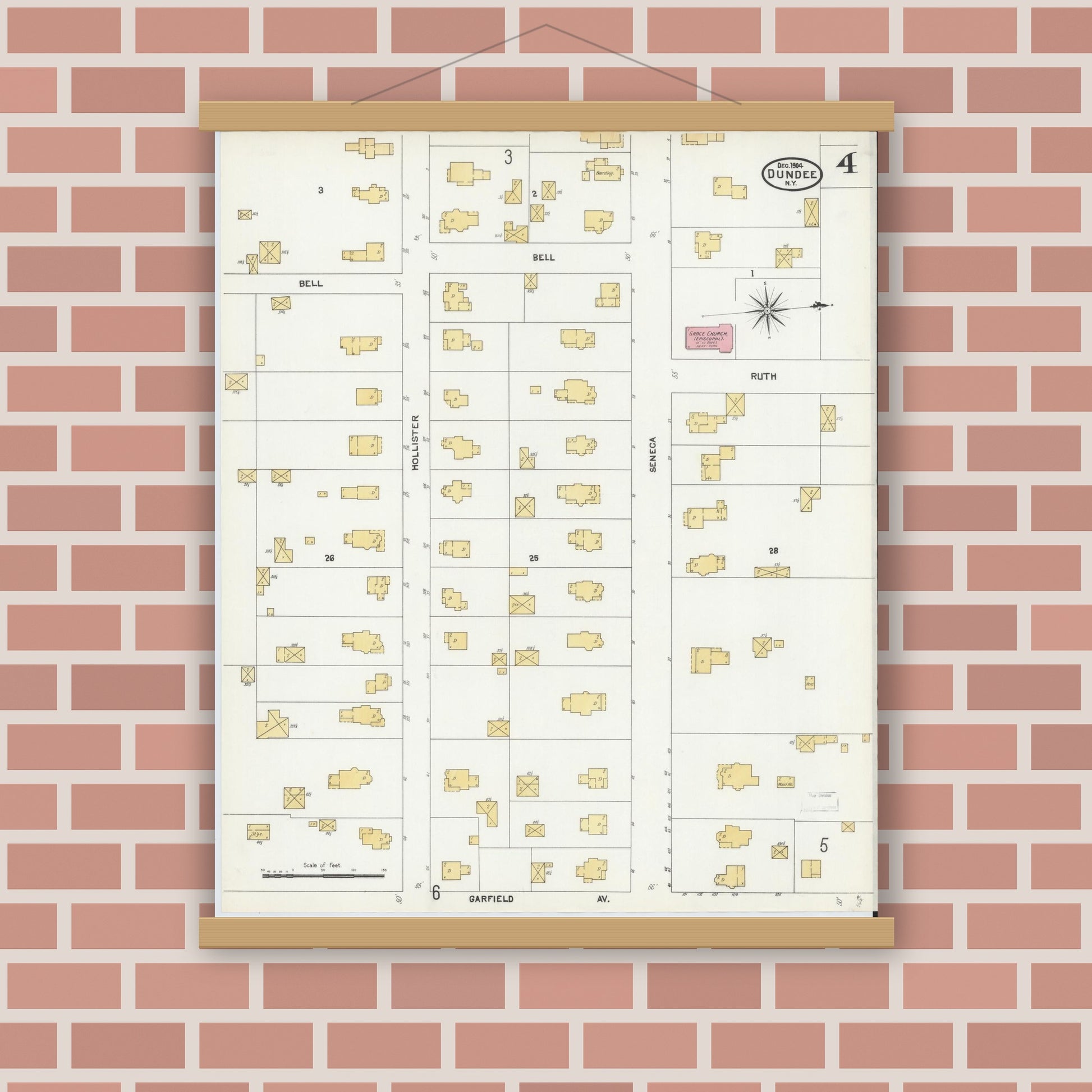 Old map wall art mockup — magnetic wood frame on brick wall — Sanborn Fire Insurance Map from Dundee, Yates County, New York (1904), Sheet #0004