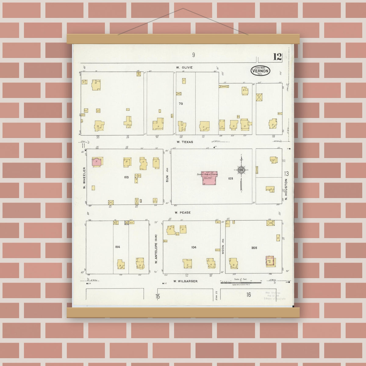 Old map wall art mockup — magnetic wood frame on brick wall — Sanborn Fire Insurance Map from Vernon, Wilbarger County, Texas (1920), Sheet #0012