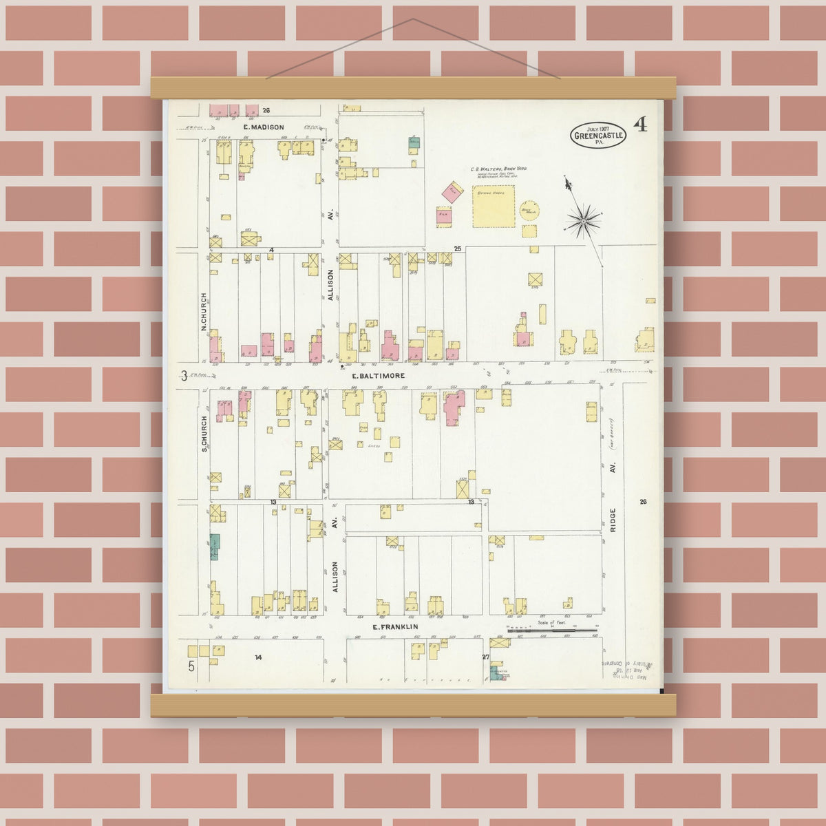 Old map wall art mockup — magnetic wood frame on brick wall — Sanborn Fire Insurance Map from Greencastle, Franklin County, Pennsylvania (1907), Sheet #0004