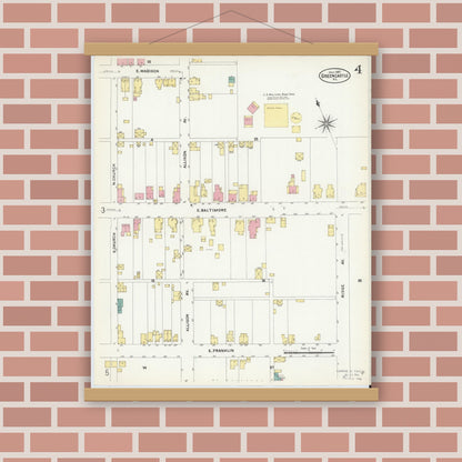 Old map wall art mockup — magnetic wood frame on brick wall — Sanborn Fire Insurance Map from Greencastle, Franklin County, Pennsylvania (1907), Sheet #0004