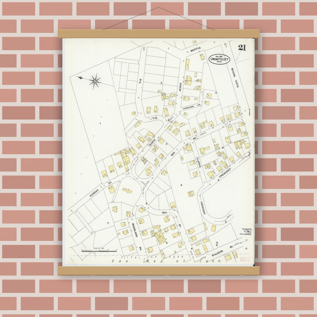 Old map wall art mockup — magnetic wood frame on brick wall — Sanborn Fire Insurance Map from Swampscott, Essex County, Massachusetts (1907), Sheet #0021
