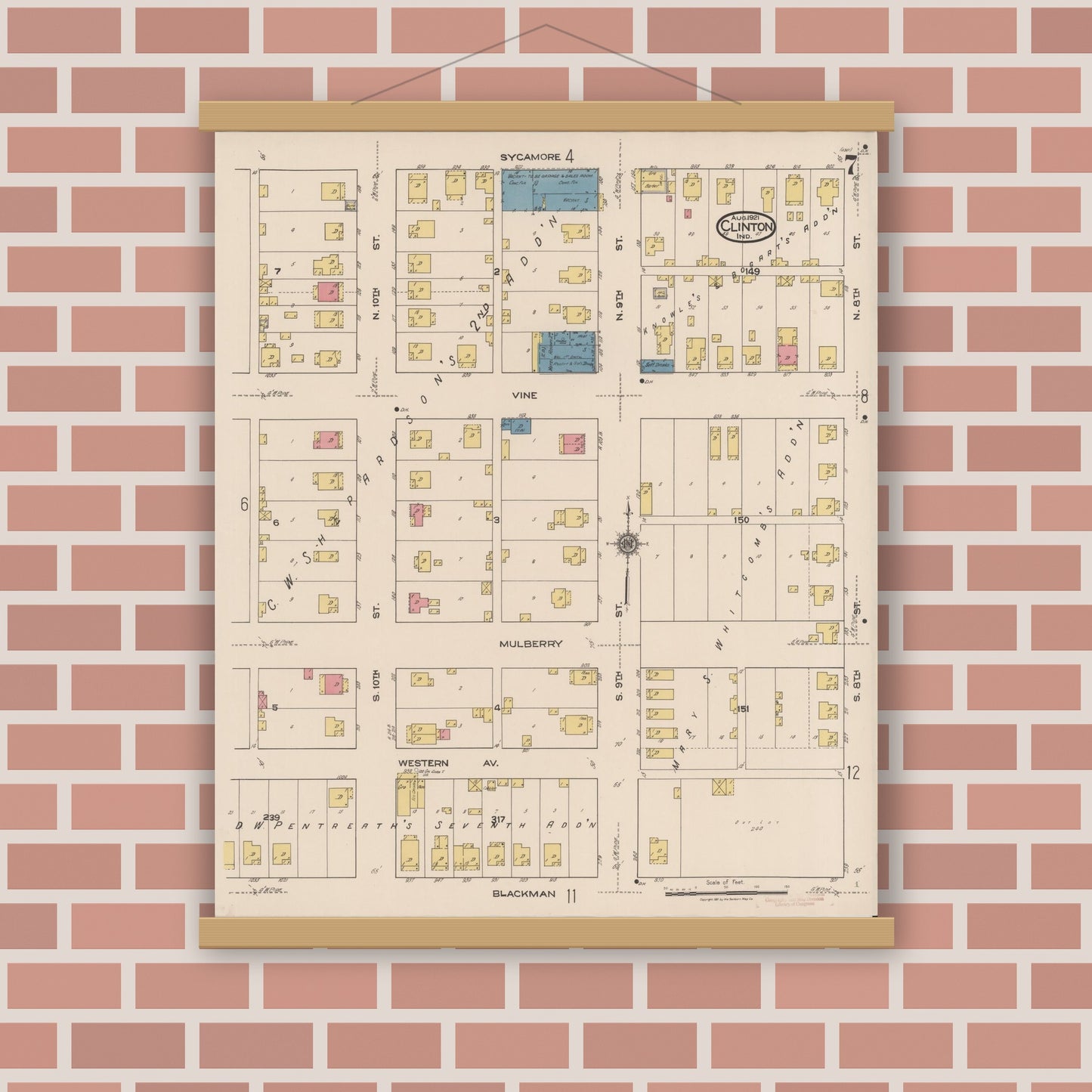 Old map wall art mockup — magnetic wood frame on brick wall — Sanborn Fire Insurance Map from Clinton, Vermillion County, Indiana (1921), Sheet #0007