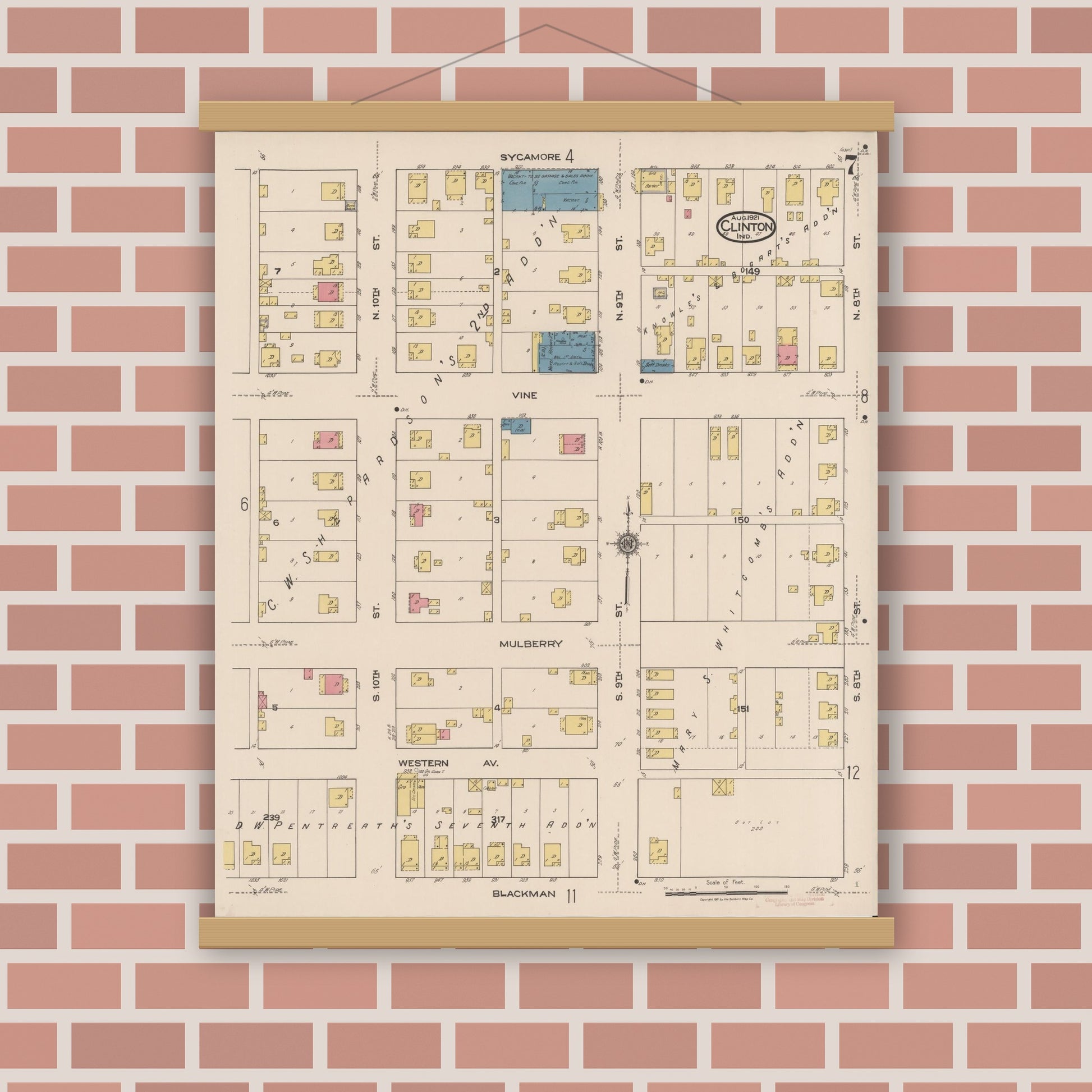 Old map wall art mockup — magnetic wood frame on brick wall — Sanborn Fire Insurance Map from Clinton, Vermillion County, Indiana (1921), Sheet #0007